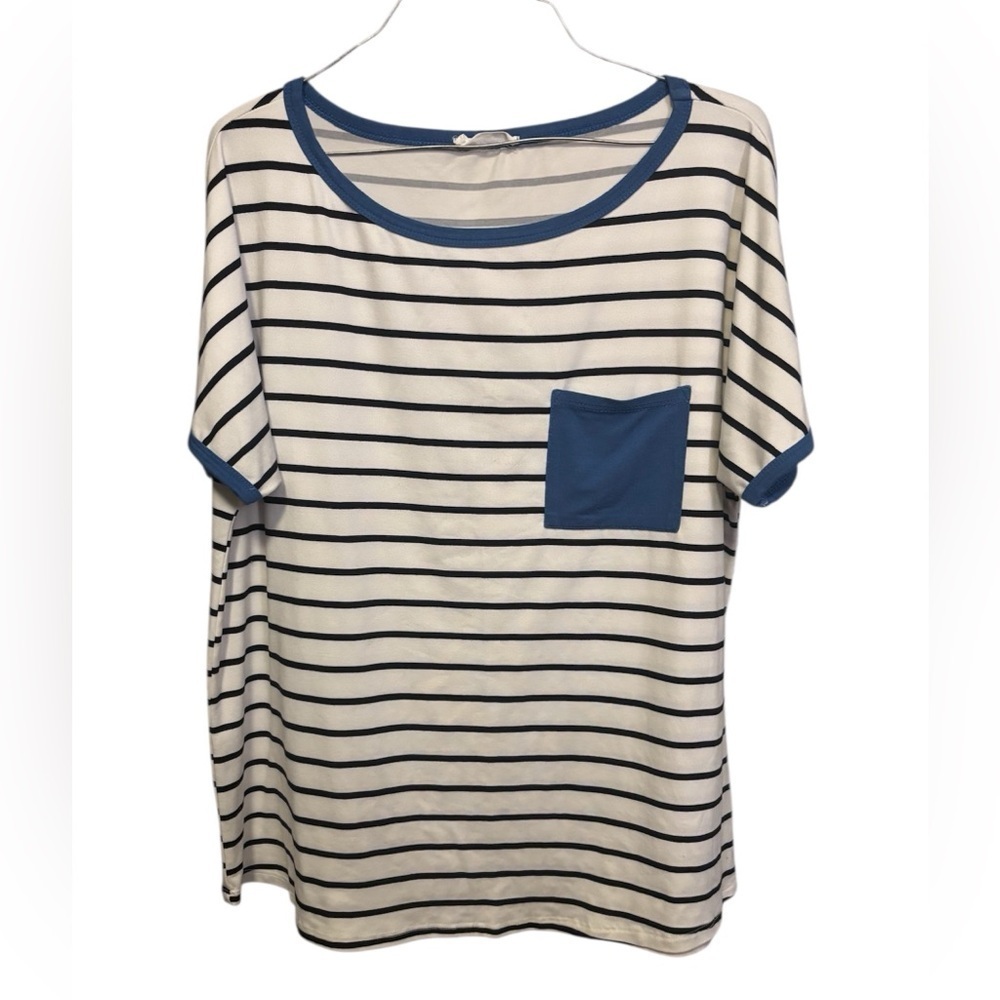 Comfy & Casual Navy and White Striped Tee with Pocket | Size L